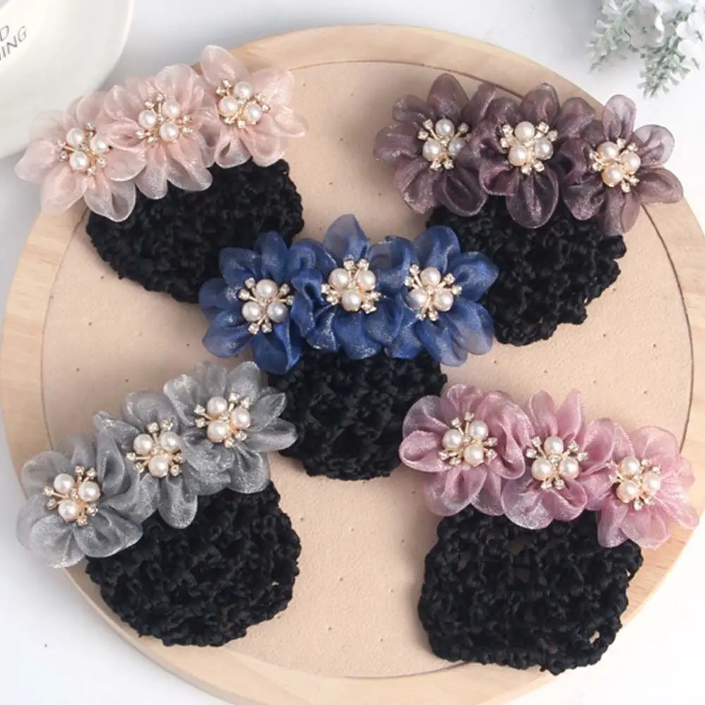 Lace Flower Snood Spring Clip Bun Snood Hairgrips Cover Net Pearls Crochet Bun Net Hair Clip Headwear Lace Hair Net Office Lady