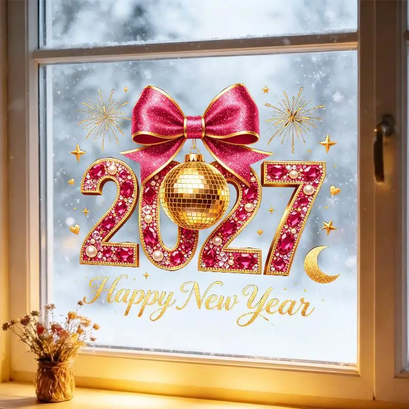 1Pc 2027 New Year Static Window Cling Pink Gold Gem Number Firework Star Moon Heart Text Glue Free Removable Sticker Kit