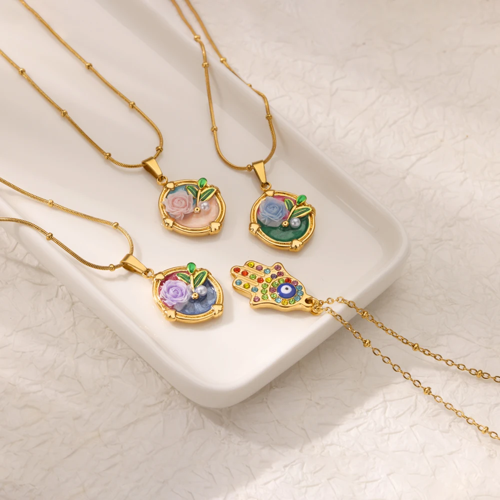 Gold Farbe Edelstahl Öl Tropfen Rosa Rose Imitation Perle Halskette Für Frauen Klassische Runde Anhänger Halsband Schmuck Geschenke