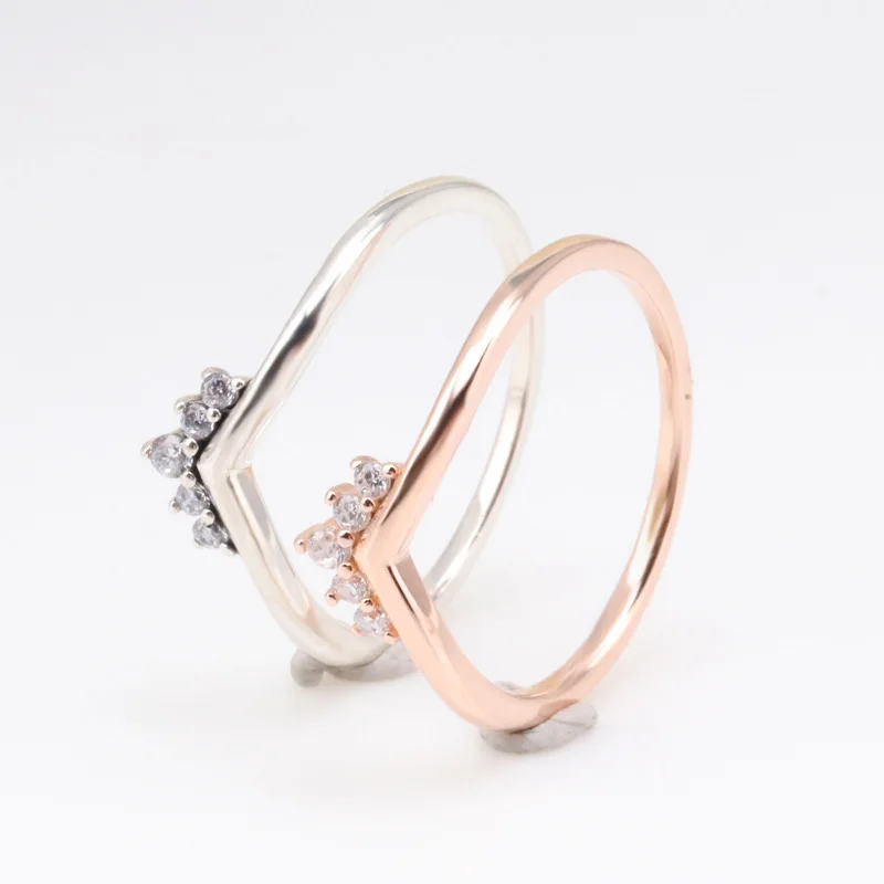 

Original 925 Sterling Silver pan Ring Rose Tiara Wishbone Rings With Cystal For Women Wedding Party Gift Fashion Jewelry