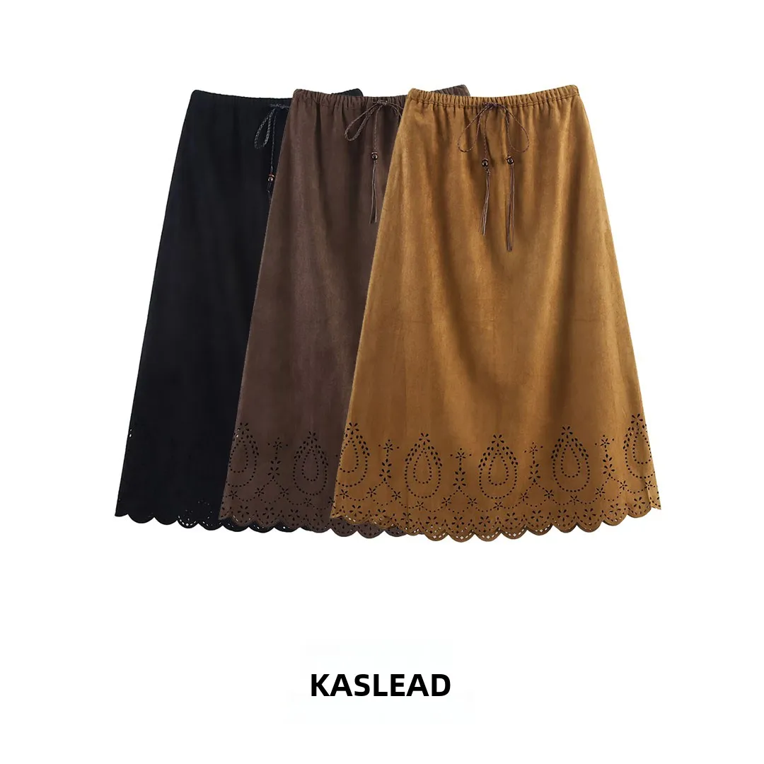 

KASLEAD New Long Suede Laser Carved Hollow out Retro f Skirt Women's Street Sle Midi Skirt Stand Fit Daily Wear