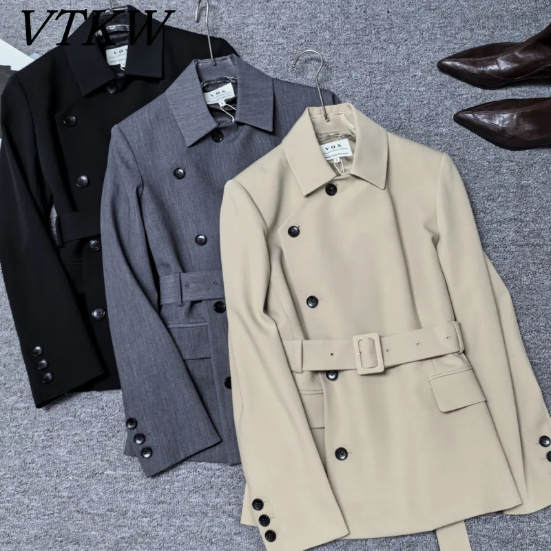 

VTKW 2025 весенний женский черный двубортный пиджак с поясом и длинными рукавами на пуговицах и манжетах, официальная офисная куртка, женское карьерное пальто