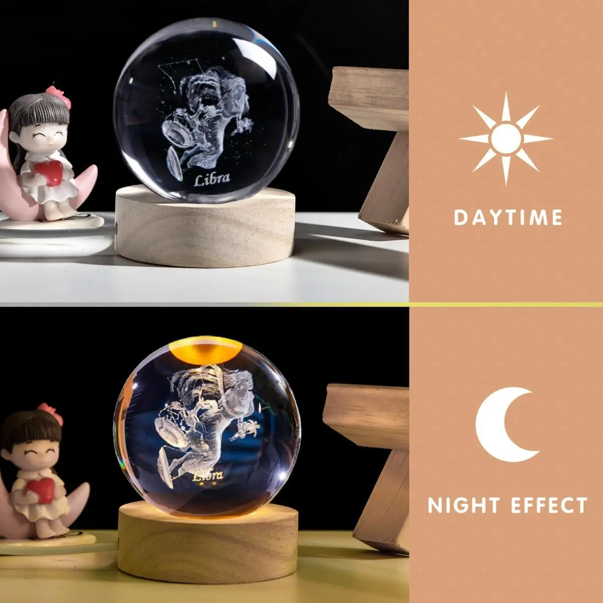 3D Libra Crystal Ball with Wooden Light Base Constellation Glass Sphere Decorative Balls Paperweight Birthday Gifts Home Decor
