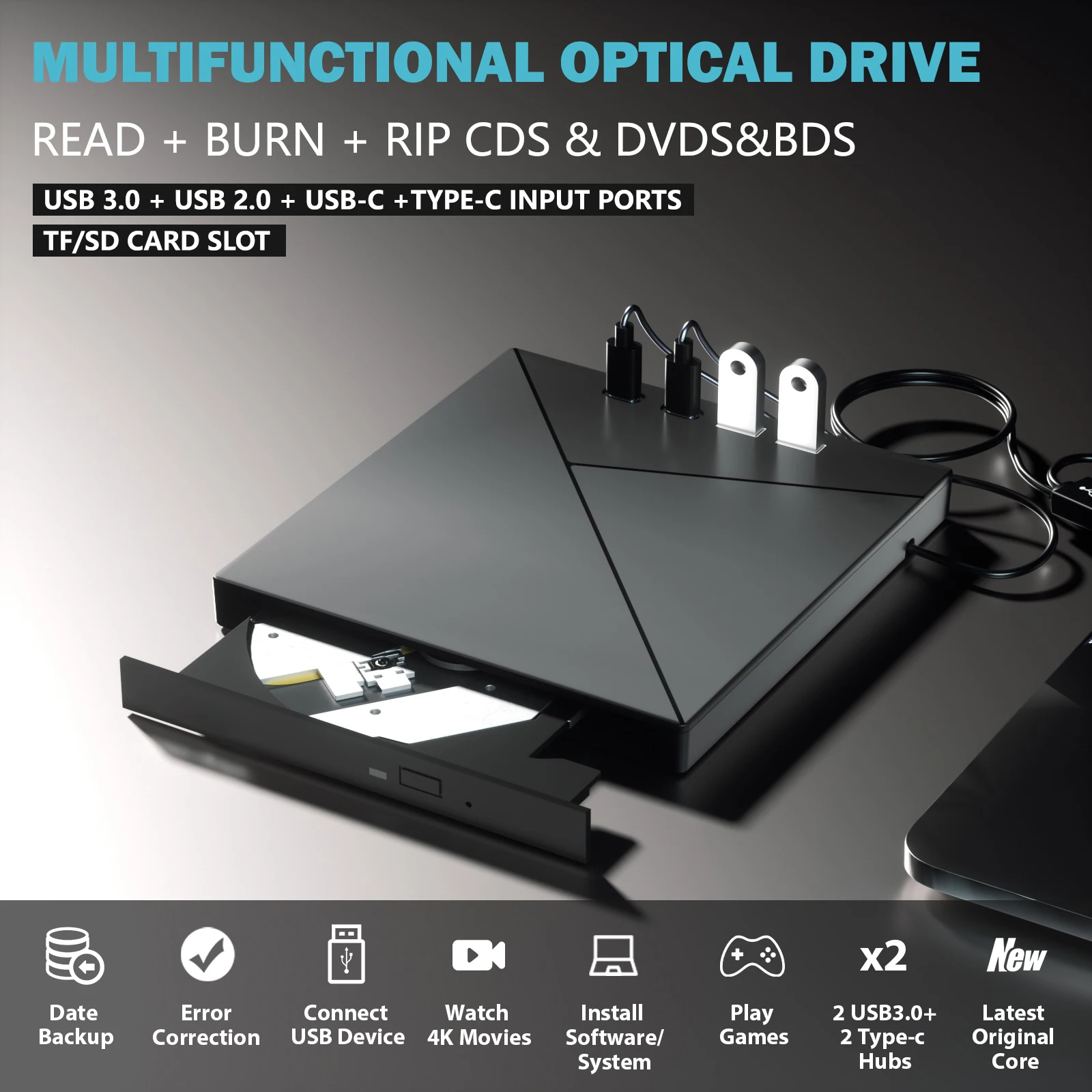 4K 7-in-1 Multifunction Blue-ray 3D cd Dvd Bd Optical Drive cd Dvd Bd Player Writer burner with 4k Camera USB 3.0