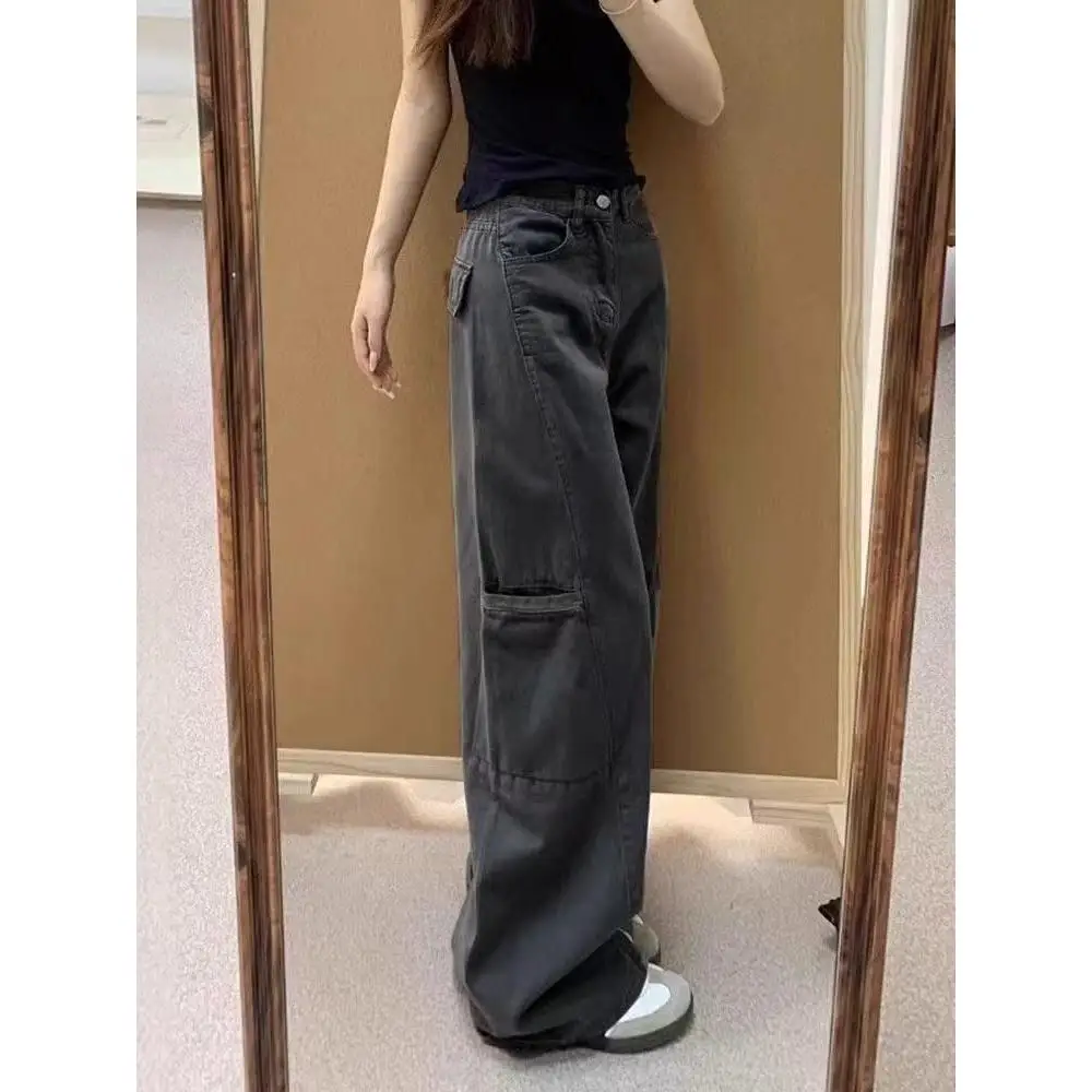 Americano retro ey perna larga calças de trabalho cintura alta solta magro em linha reta jeans para as mulheres verão wear casual algodão