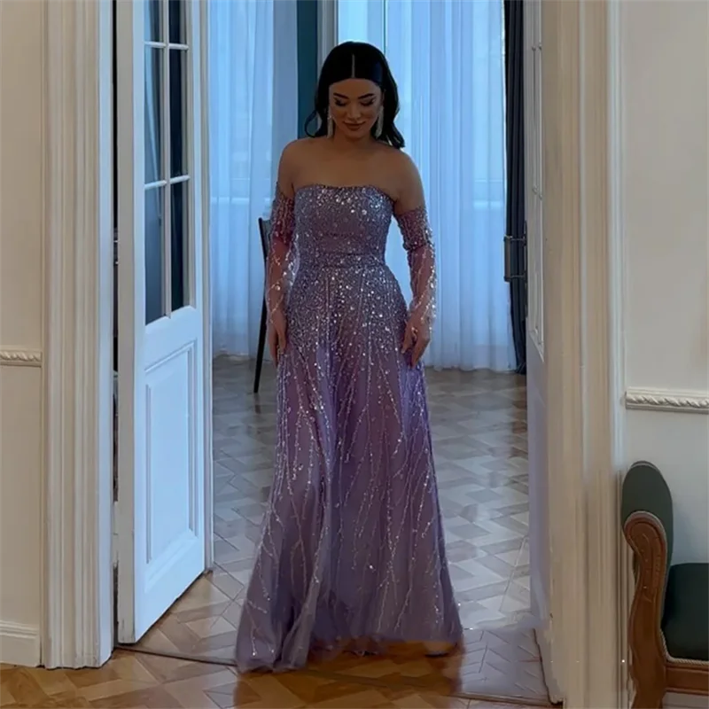Abito da sera lilla di lusso staccabile manica lunga senza spalline scintillante perline paillettes una linea abito da ballo arabo saudita abito da festa