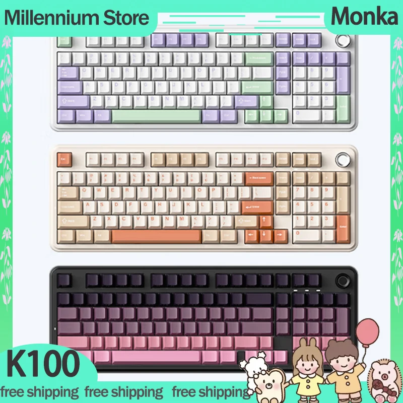 Monka K100 Mechanical Gamer Keyboard 3 Mode 2.4G Wireless Bluetooth Keyboard RGB Keycaps PBT Customized Gaming Keyboard Gifts