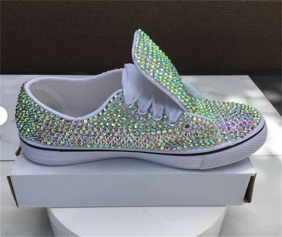 Spring and autumn handmade custom low-top canvas shoes rhinestones lace lace-up leisure sports men and women plus size 35-46