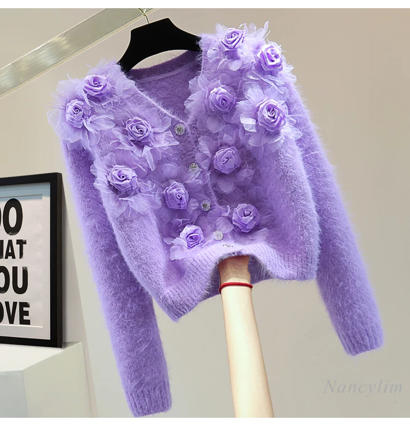 Purple Cardigan Women Heavy Industry Flower Mohair V-Neck Knitted Cardigan 2024 Winter Short Rhinestone Buckle Sweater Coat