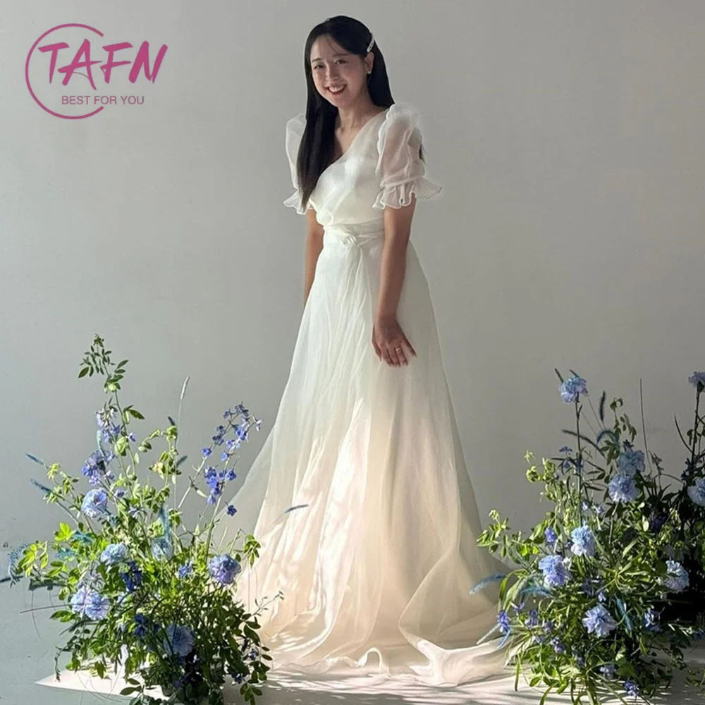 

TAFN Short Sleeves Ruffle Wedding Reception Dresses Korea A-line Floor-Length Bridal Gown Wedding Photo Shoot Dress