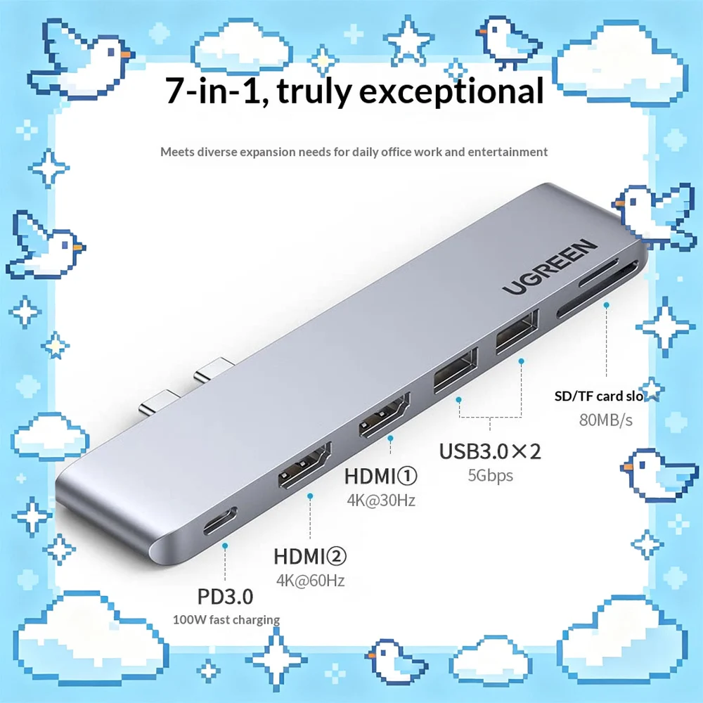 UGREEN 80548 CM356 USB C Hub Dual HDMI Multiport Adapter with USB 3.0 SD TF Card Reader and PD Charging for Laptop