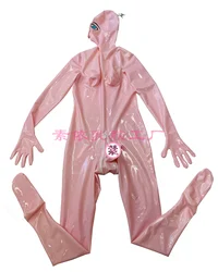 Baby pink full cover latex catsuit handmade gloves mouth sheath codpiece hidden two sheath 3D breast