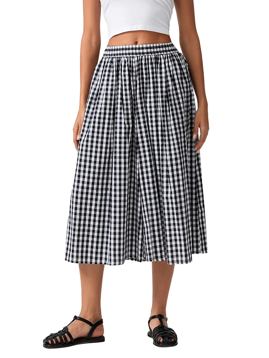 Womens Plaid Capri Culottes Elastic Waistband Wide Leg Loose Side Pocket Casual Pull On Trousers