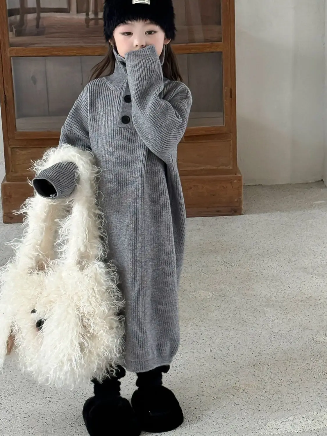 

Girls Gray Casual Knitted Sweater Dress 2025 Autumn New Children Korean Thick Long Over Knee Sweater Dress