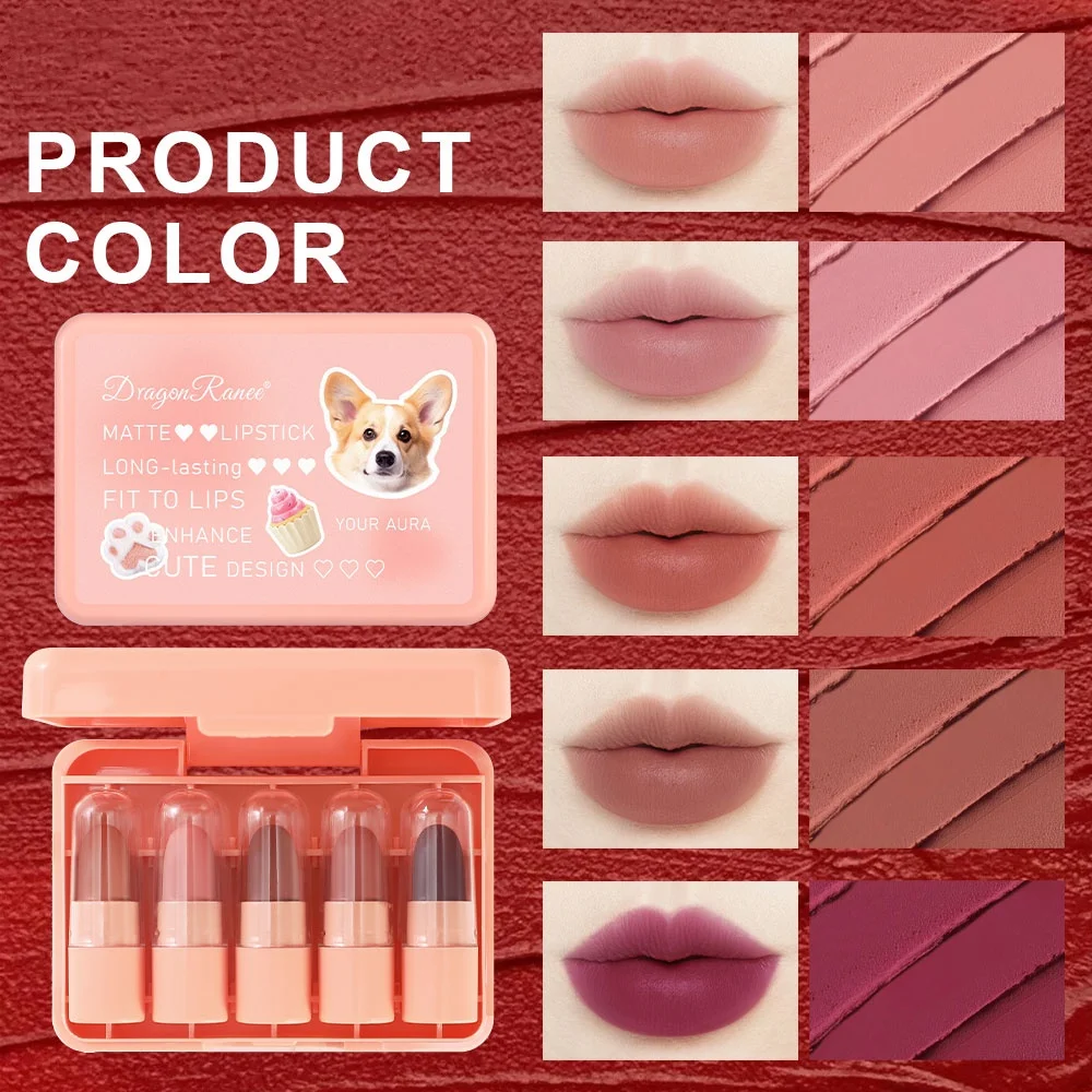 Juego de cinco lápices labiales, brillo de labios mate, versátil, resistente al agua, blanqueamiento duradero, barro labial que mejora el cutis, no se decolora, brillo de labios antiadherente