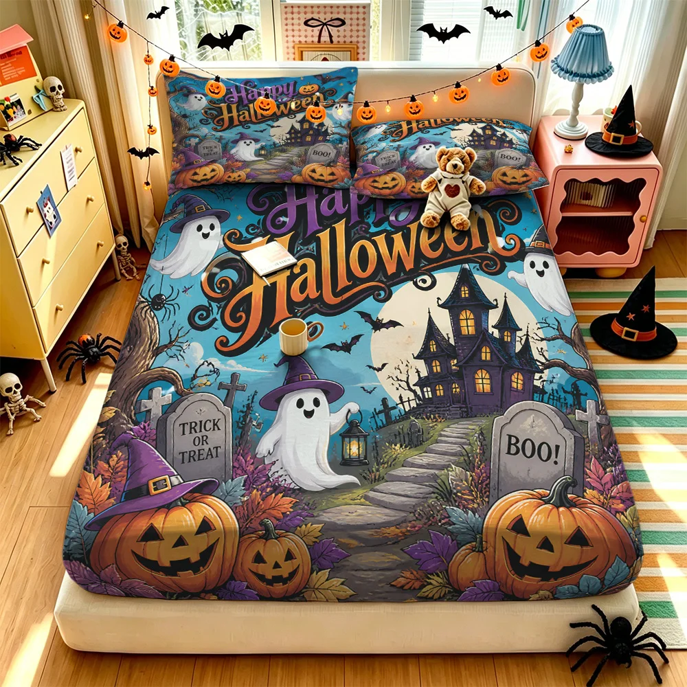 3Pcs Halloween Ghost Pumpkin Haunted House Print Bedding Set, 1 Duvet Cover 2 Pillowcases, No Inner Core, Machine Washable Be