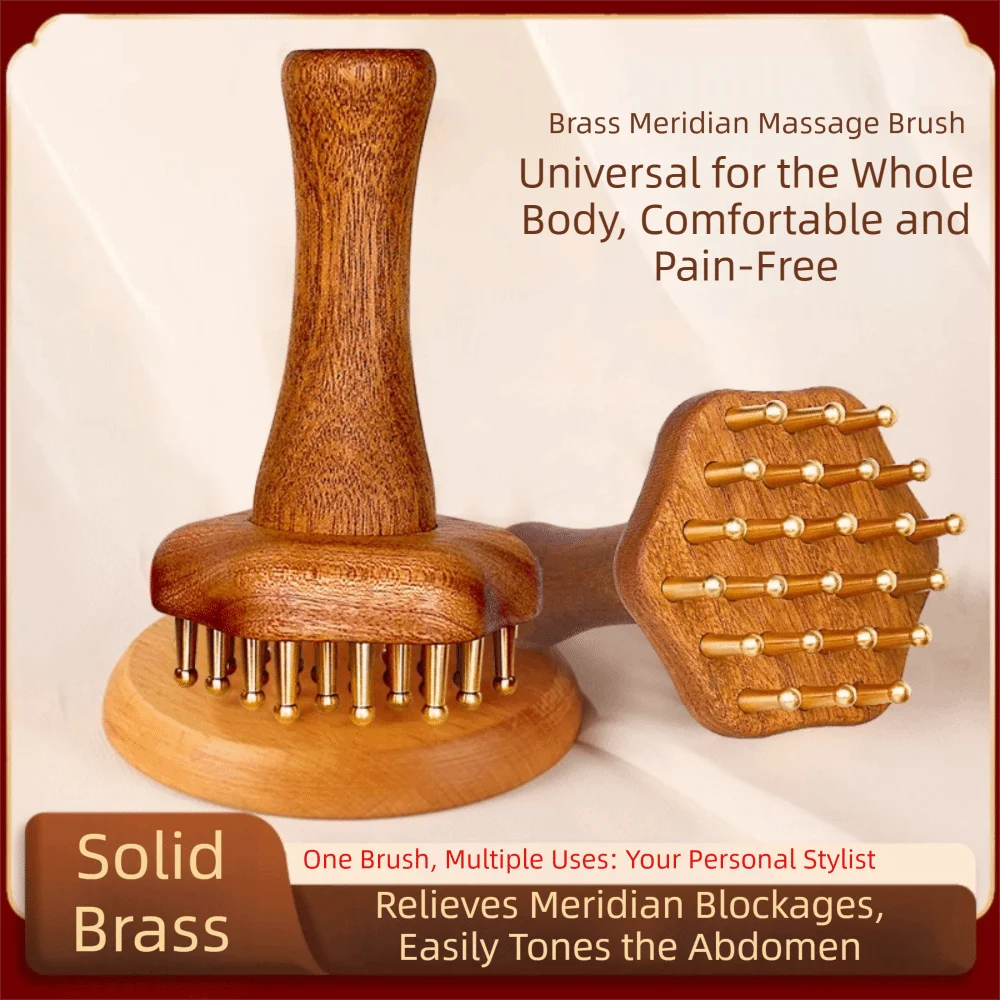 

Natural Wood Copper Massage Brush Long Wooden Handle Multipurpose Rosewood Meridian Comb Sturdy Brass Meridian Brush