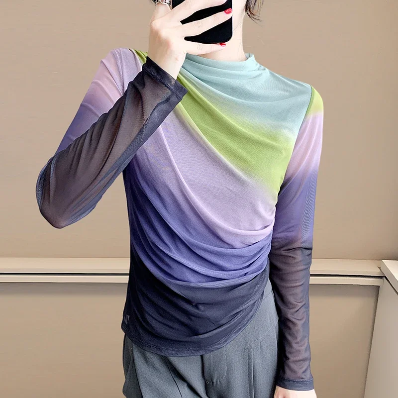 Vintage Color Burst Print Semi-Turtle Neck Mesh Long Sleeve T-Shirt Women's Slim Fit Stretchy Top for Early Fall