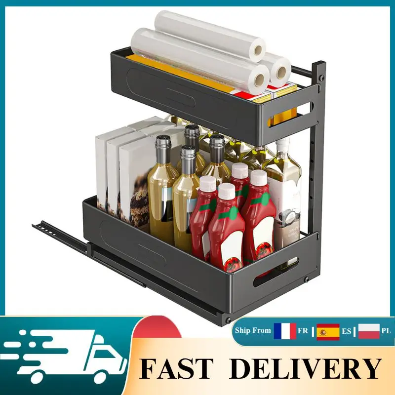 Organisateur de placard coulissant à 2 niveaux réglable sous l'évier, étagère de rangement coulissante pour placard de cuisine, panier de rangement pour armoire