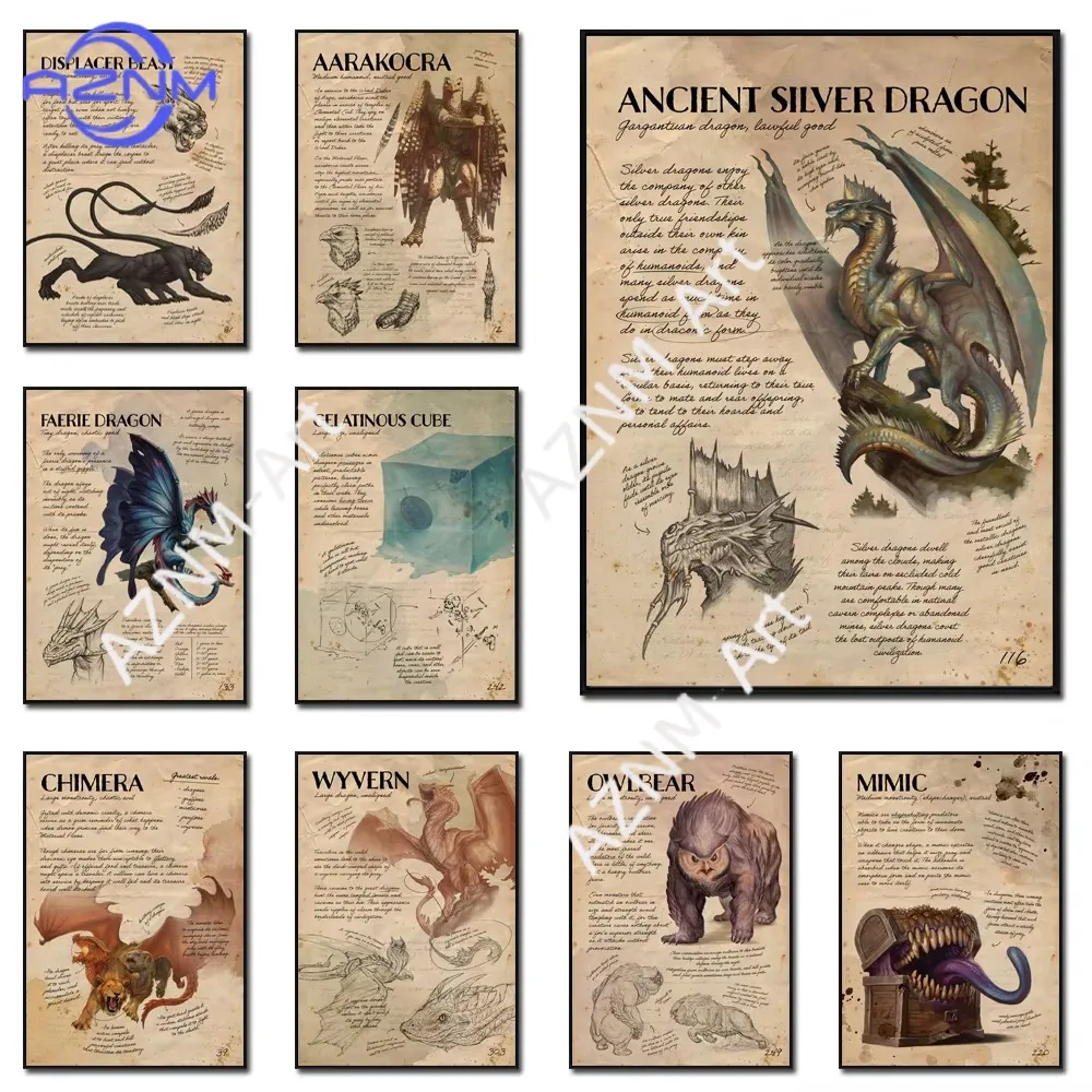 1pc Herocross Vintage Decor Yellowing Canvas Dungeons And Dragons Game Art Posters Mimic Kobold Wyvern Monster Wall Painting