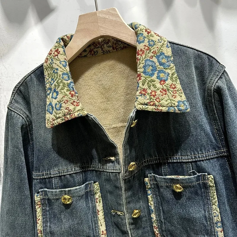 Autumn Winter Fleece Thicken Denim Coat Women's Short Jacket Patchwork Embroidered Collar Loose Outerwear Lady Chaqueta Coats