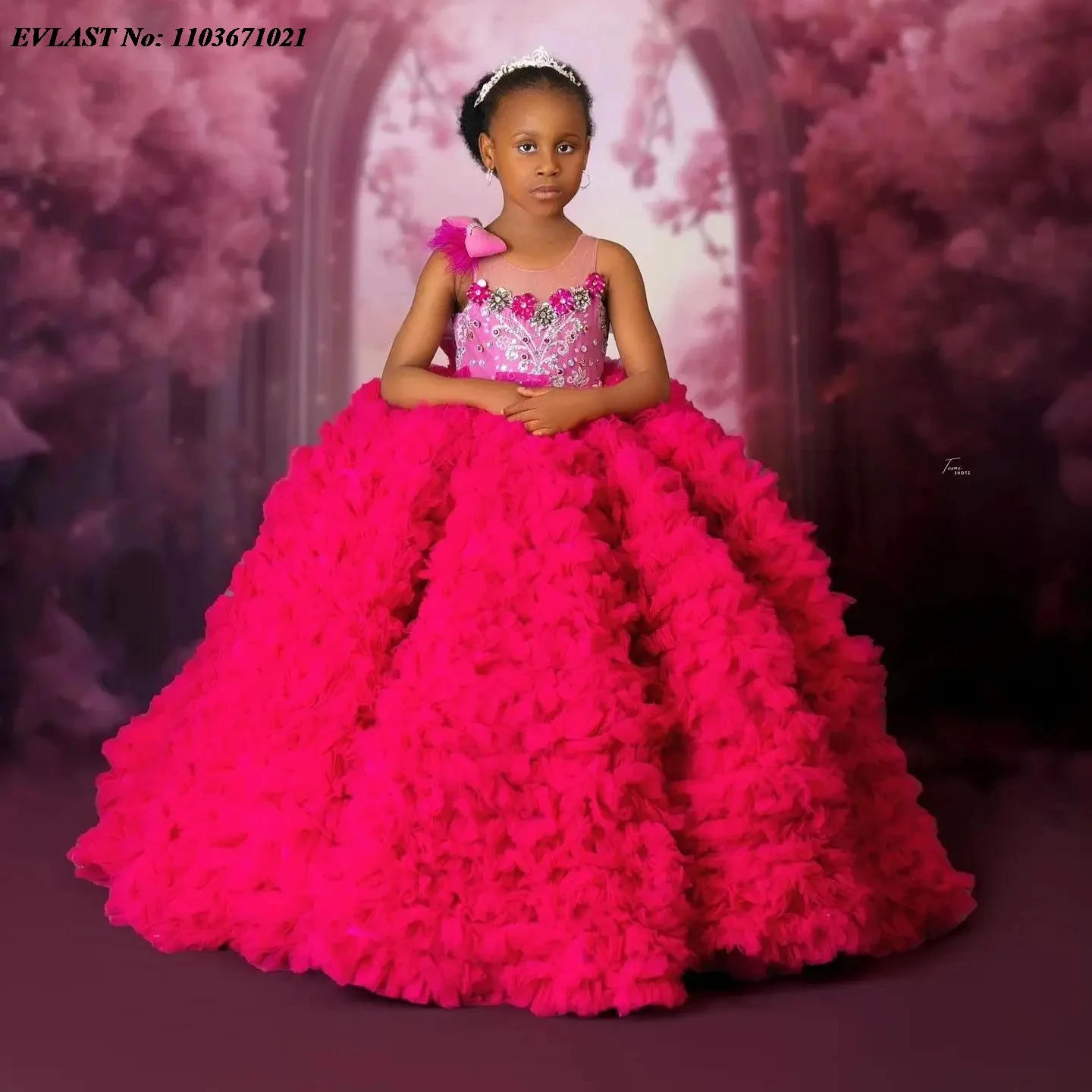 EVLAST Customized Pink Girls Birthday Party Dress Princess Beaded Flower Girl Dress Baby Kids Ball Gowns for PhotoShoot FD55