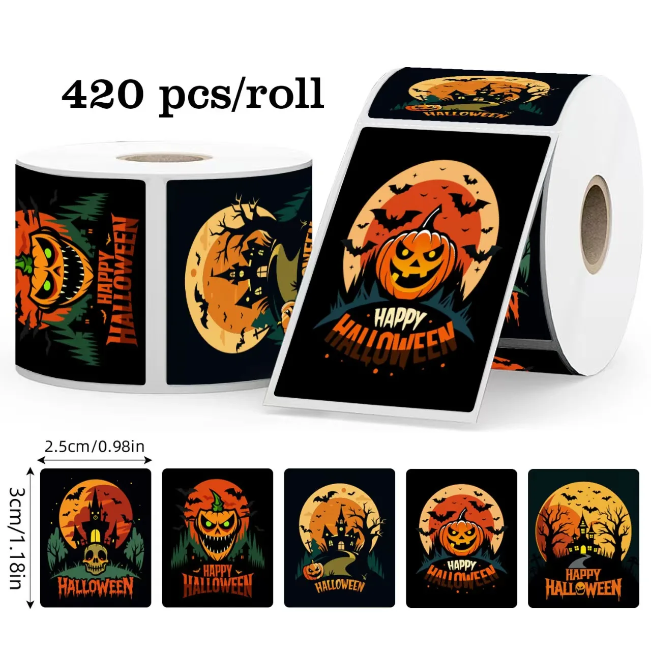 

420 pcs/roll Halloween Spooky Pumpkin Doodle Stickers Festive Party DIY Decorations PVC Self-Adhesive Stickers