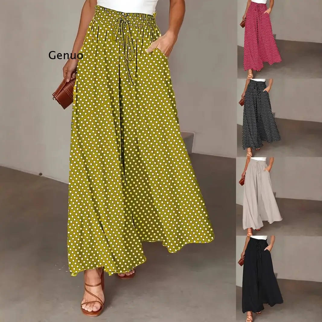 

2026 Women Polka Dot Print Wide Leg Pants High Waist Tie Front Casual Palazzo Pants