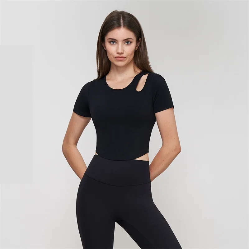 Solid Round Neck Short Sleeves T-Shirt Top Fitness Women Fixed Chest Pad Vest Cutout Slim Breathable Comprehensive Training Jog