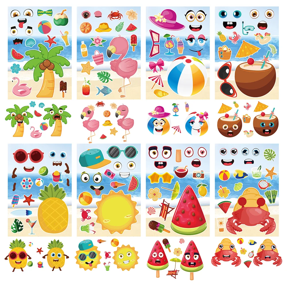 8/16Sheets Cartoon Summer Make A Face Puzzle Stickers PVC Material Children’s Educational Toys Waterproof Party Gifts Stickers.