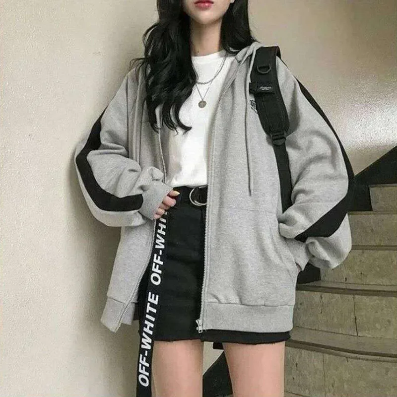 ฤดูใบไม้ร่วงผู้หญิงขนาดใหญ่เสื้อกันหนาว Harajuku Y2K Drawstring Hooded Zip Up เกาหลี Casual หลวมหญิง Streetwear Top