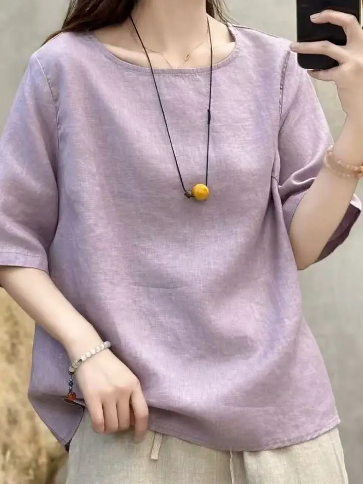 リネン オルト スヴェ ティルト ピュアカラー ウィーブ ルーズ スリミング トップ レディース アーティスティック シン イルト 通勤 スレ ラウンド ネ レギュラー L...