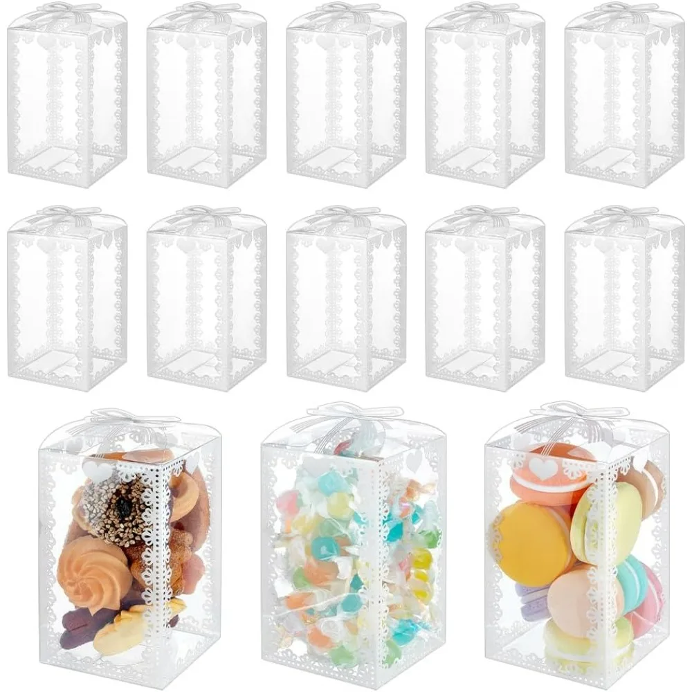 60pcs Clear Gift Boxes 4.7x2.75x2.75 PVC Treat Favor Boxes with White Bowknot Lace for Candy Chocolate Wedding Party Favors