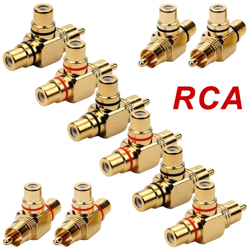 

2/4/8Pcs RCA Connector Gold Plated T-shape Male Plug to Dual Female Jack Socket 3-Way Wire Converter T Type RCA Plug Socket