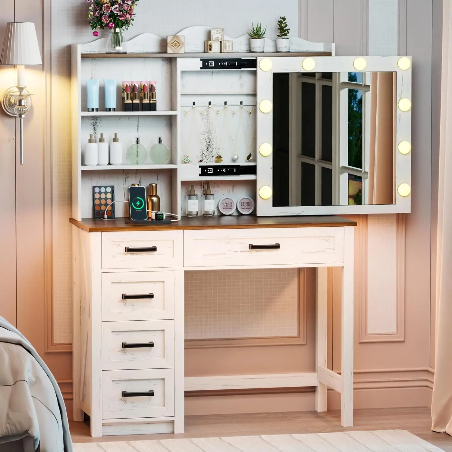 Vanity Desk with Sliding Mirror and Lights, LED Makeup Vanity with USB Charging Station and Human Sensor, Farmhouse Vanitys Dres