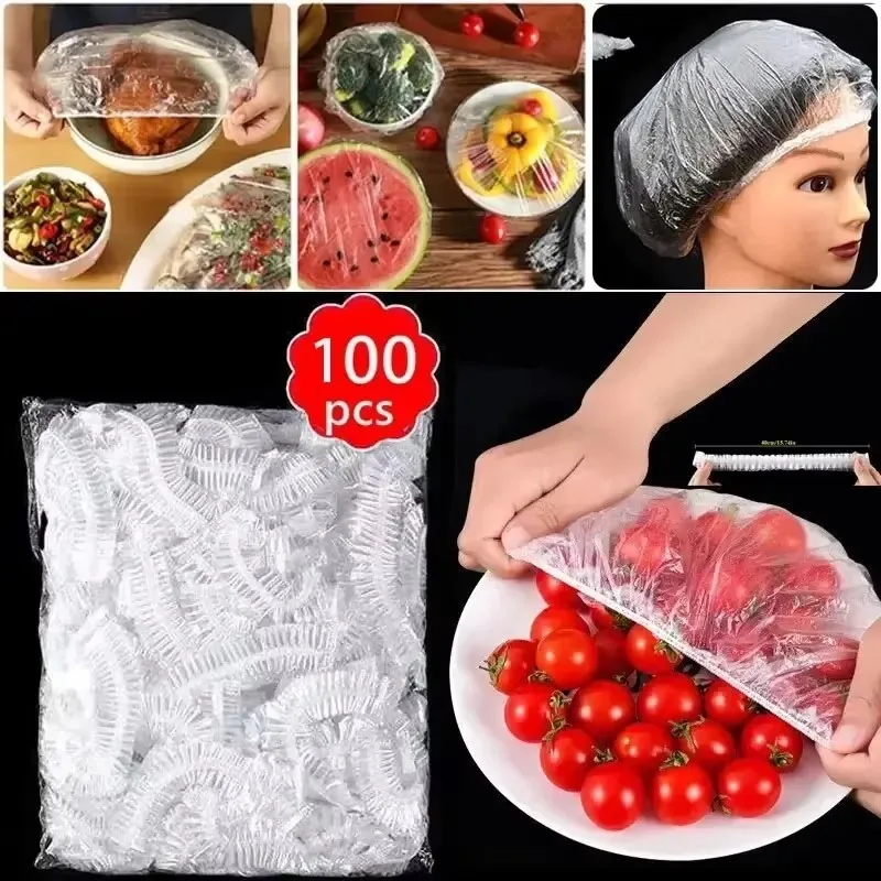 100pcs Disposable Fresh Lids, Plastic Food Storage Lids, Reusable Bowl Lid Stretch Lids, Elastic Lid Bags