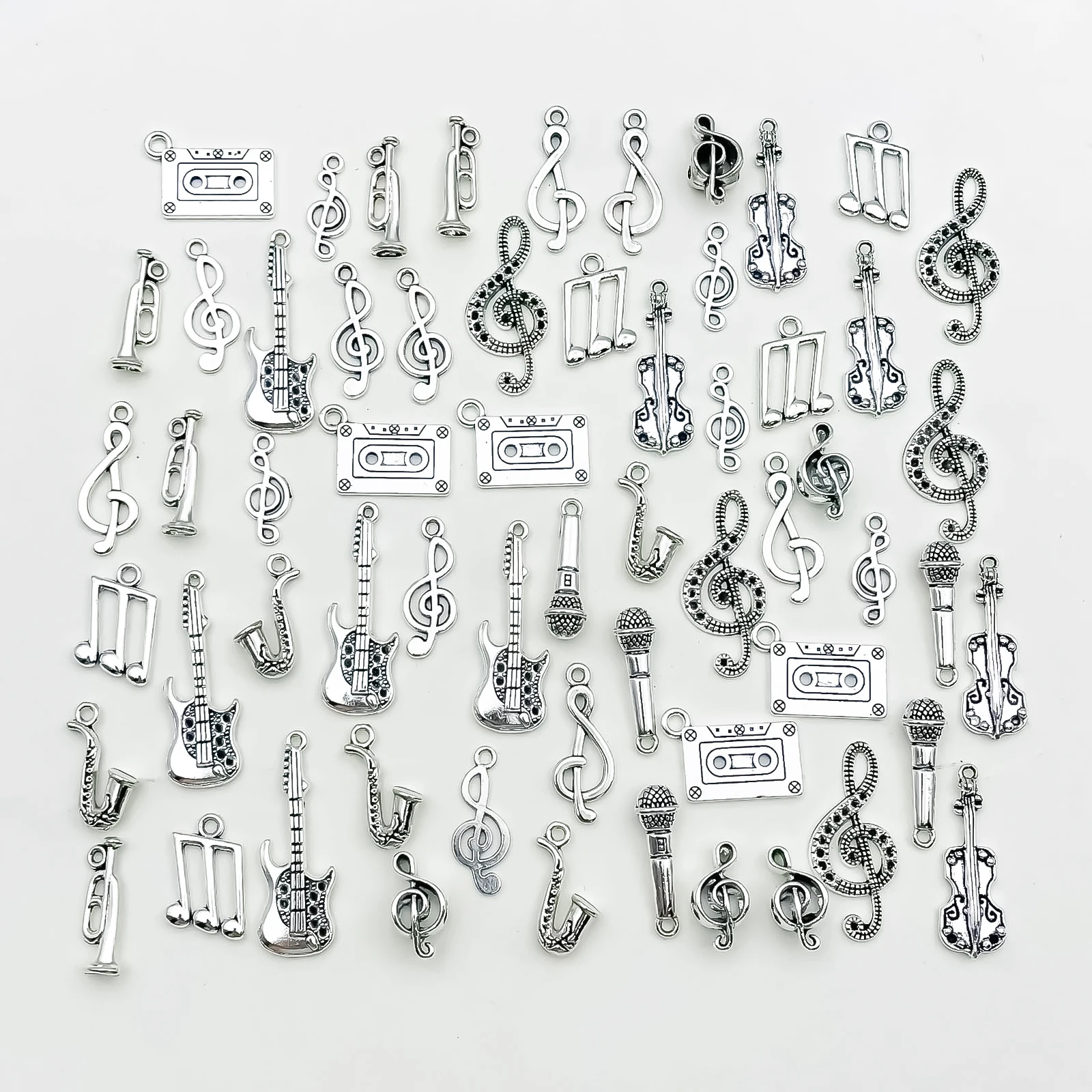 Mix 60 sztuk antyczne srebrzyste instrumenty muzyczne nuty Charms wisiorki do tworzenia biżuterii gitara fortepian skrzypce ustalenia