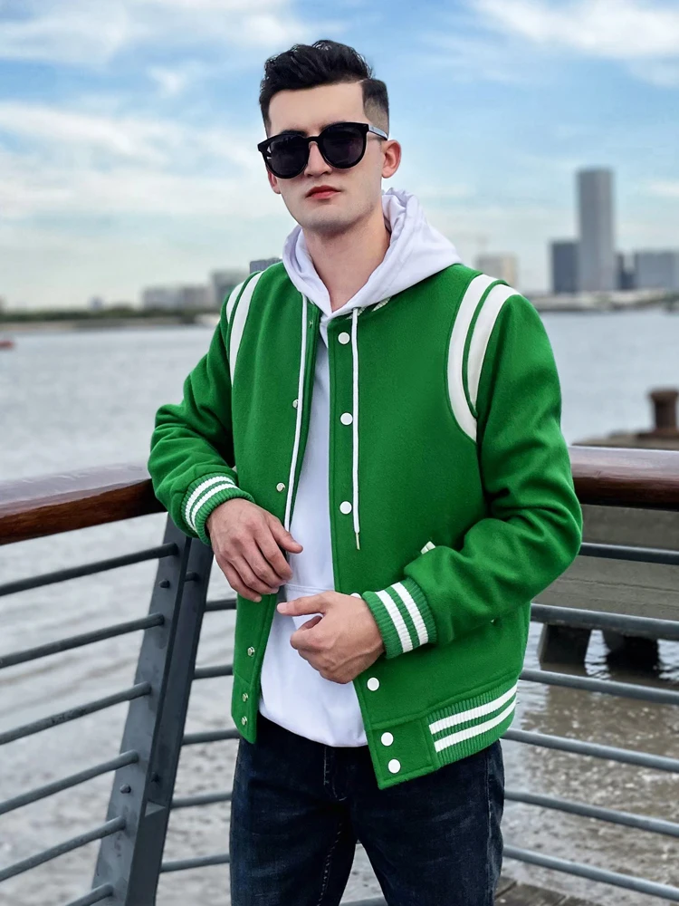 Men's leather sleeves of baseball suit Fleece Jackets Fashion trend American style college style Thickened warm autumn and winte