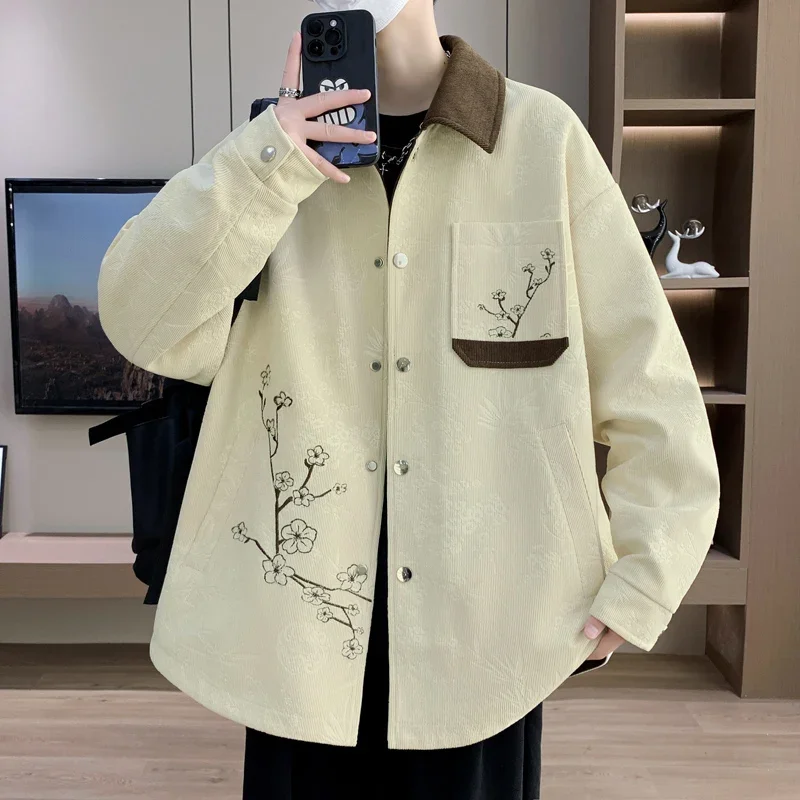 

2025 autumn Men's Printed pattern Classic Fashion Single breasted long jacket Men Windbreaker Casual Large Size High-Quality Fl
