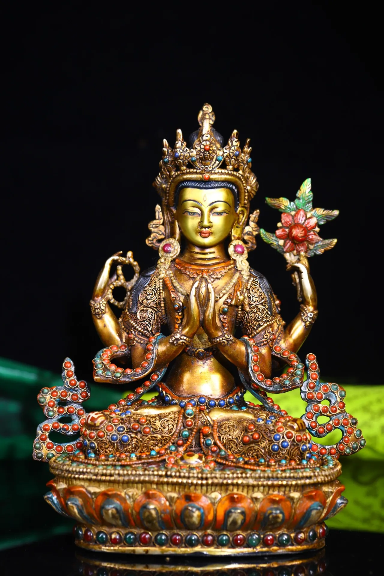 

9"Tibetan Temple Collection Old Bronze Outline in gold Painted Mosaic Gem gZi Beads Four armed Guanyin Buddha Worship Hall