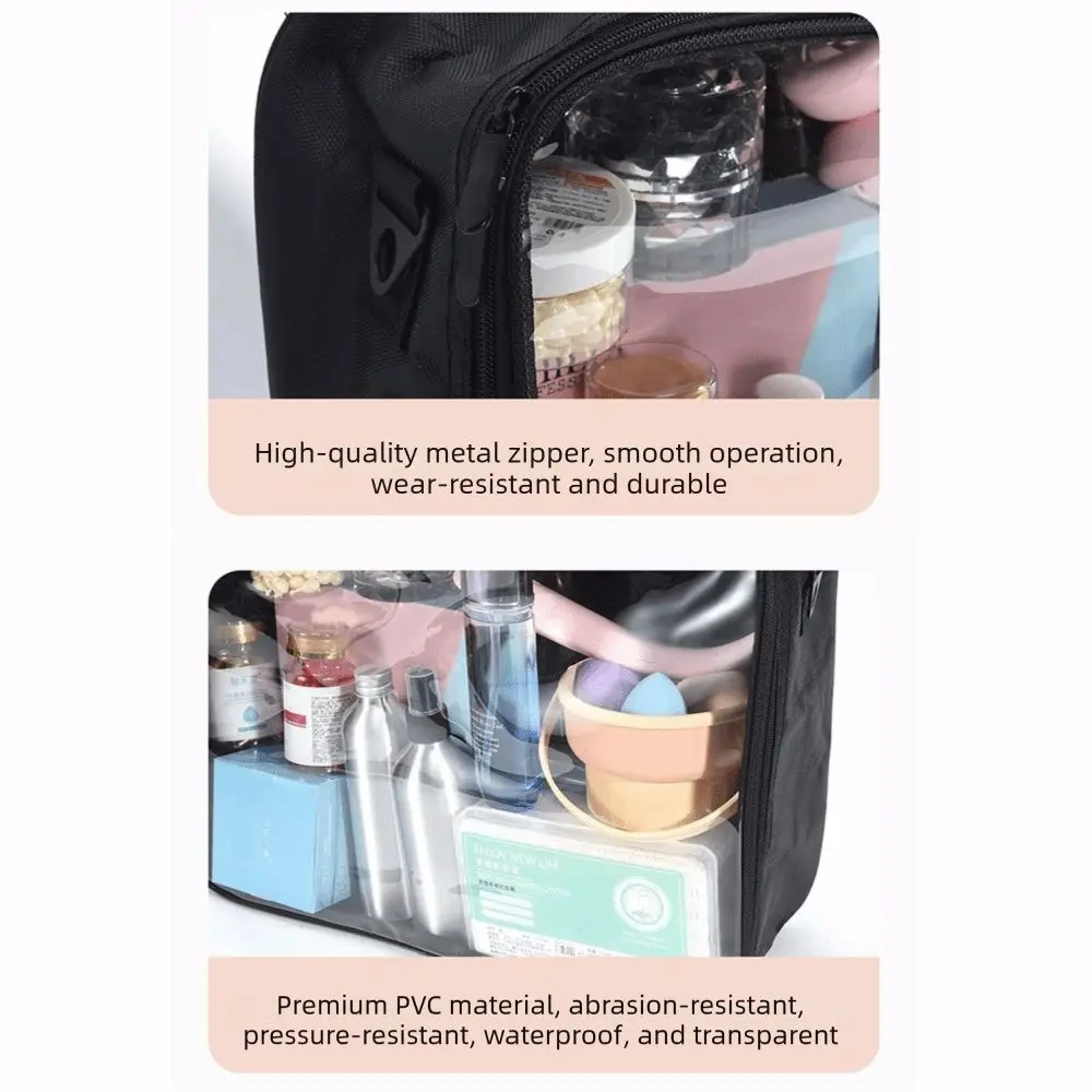 Clear Front Large Capacity Cosmetic Bag Top Handle Dual-Zip Design Makeup Storage Box Multipurpose Adjustable Straps