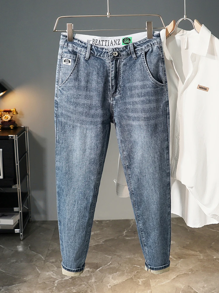 

Мужские джинсы слим-фит, летние, тонкие, повседневные, легкие, брюки из девяти частей, эластичные, удобные, синие джинсовые повседневные брюки