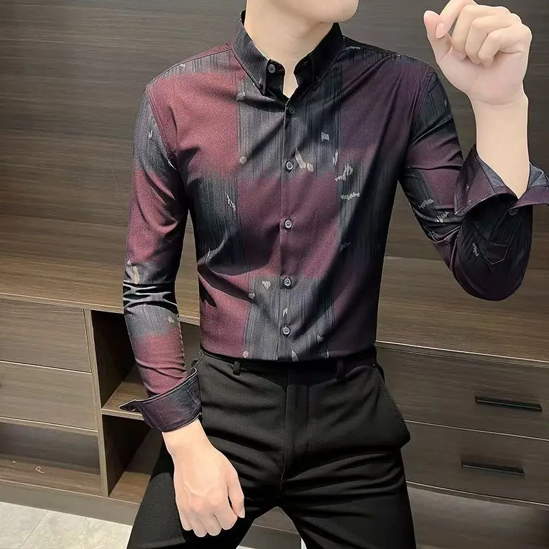 Men's Clothing Spring Autumn Turn-down Collar Printing Long Sleeve Button Up Cardigan Tie Dye Shirt Casual Formal Geometric Tops