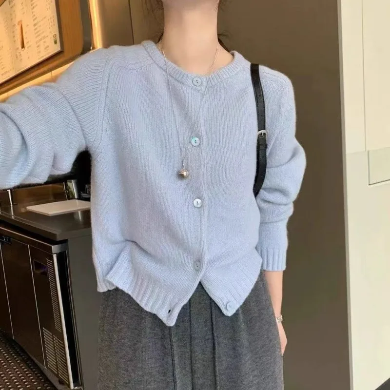 

Стильный короткий вязаный кардиган из 100% шерсти для женщин, свитер с круглым вырезом, свободное кашемировое пальто