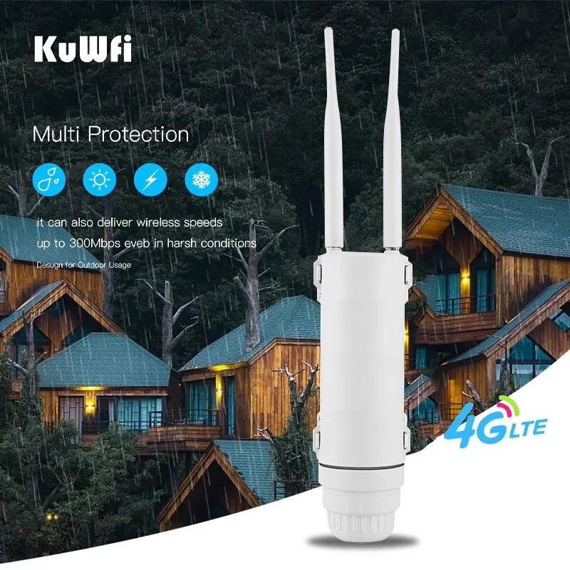 KuWFi 4G Zewnętrzny router WIFI 300 Mb/s Wodoodporny router kart SIM 4G Szeroki zakres Bezprzewodowy punkt hottowy internetowy Obsługa Wi-Fi 64 użytkowników