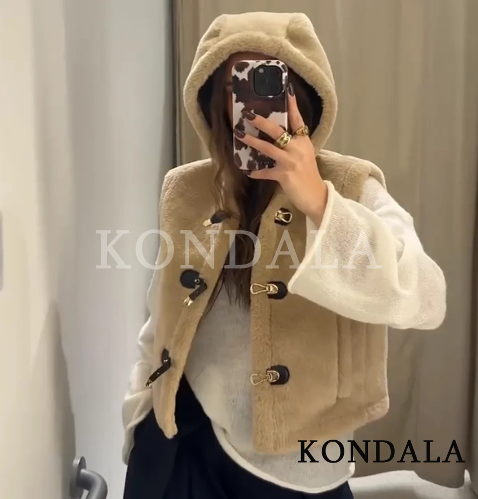 

KONDALA повседневный флисовый жилет с капюшоном, женский осенне-зимний жилет на пуговицах из искусственного меха, модный простой милый женский жилет 2024, пальто