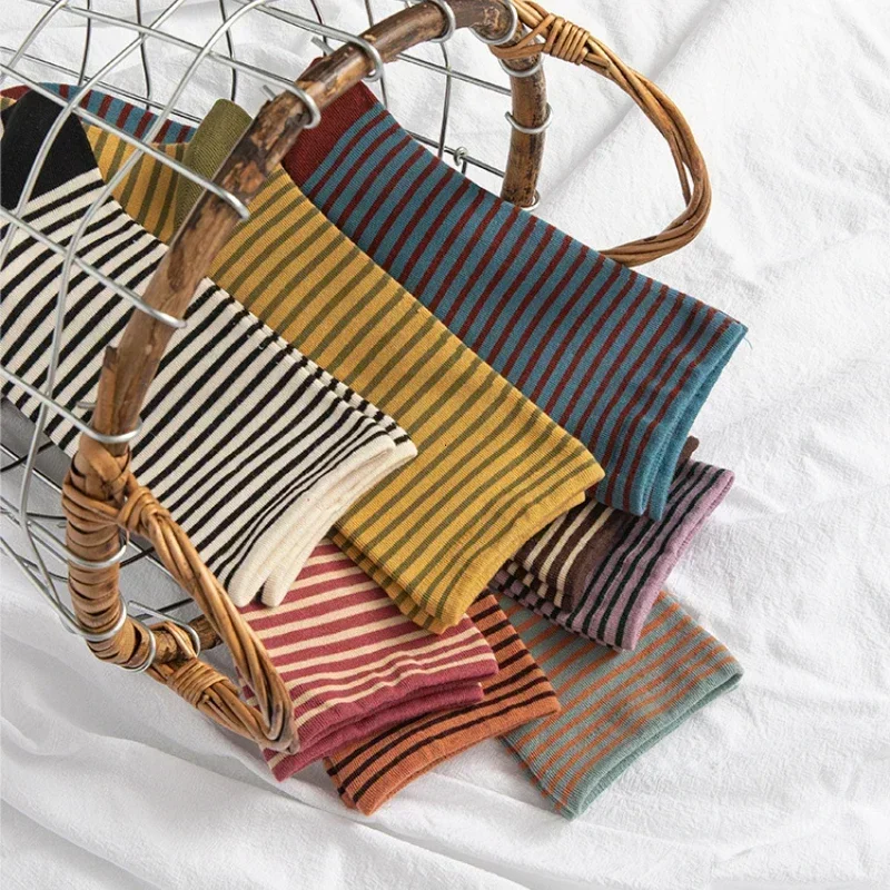 Retro Striped Socks Children's Women Medium Tube Socks Spring and Autumn Cotton Stockings Korean Stockings Japanese Socken