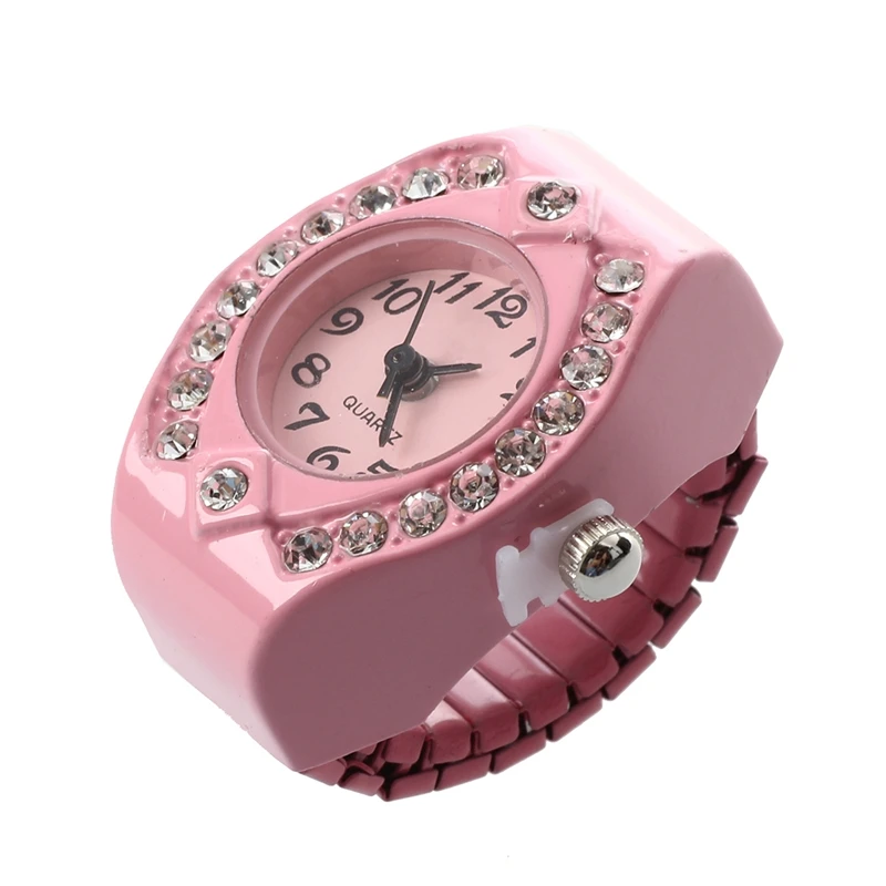 Damski różowy ze stopu kwarcu kieszonkowy zegarek w pierścionku okrągła tarcza Rhinestone