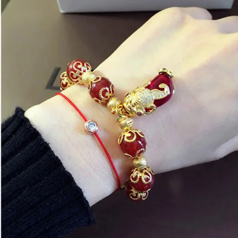 European Dollar Vietnam San Gold Pixiu Pendant Bracelet Red Aged Transfer Beaded Bracelet Female Korean Style Jewelry