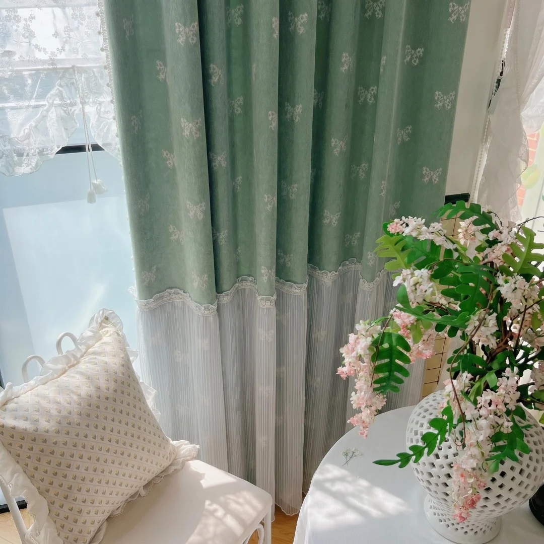 Mint green lace bow jacquard curtain Princess bedroom bay window curtain Living room stitching lace curtain sweet wind curtain